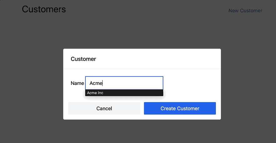 A screen recording of a web page. The user clicks a link on the page that reads New Customer and a modal opens. The user submits the modal and the customer they created is added to the page but the modal stays open