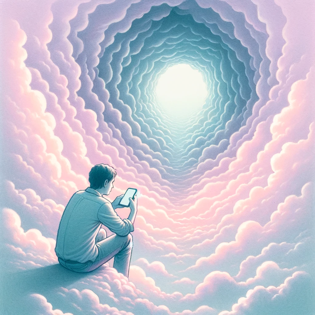 A soothing drawing of an individual engrossed in their smartphone, blissfully unaware of the vast, endless abyss that opens up just behind them